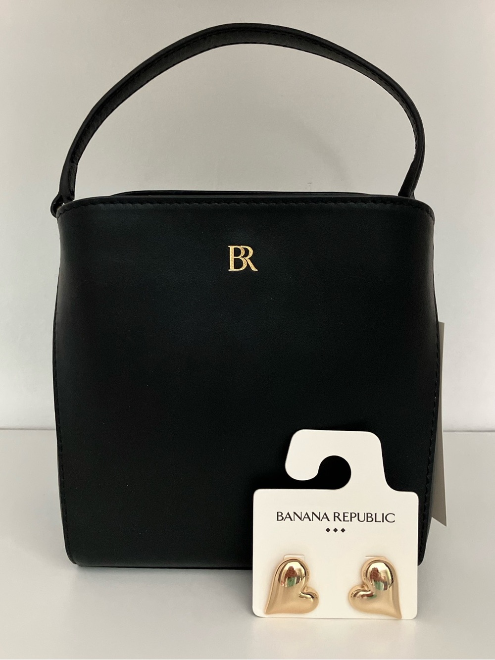 NWT Banana Republic Black Mini Top-Handle Satchel Bag with Heart Earrings Set
